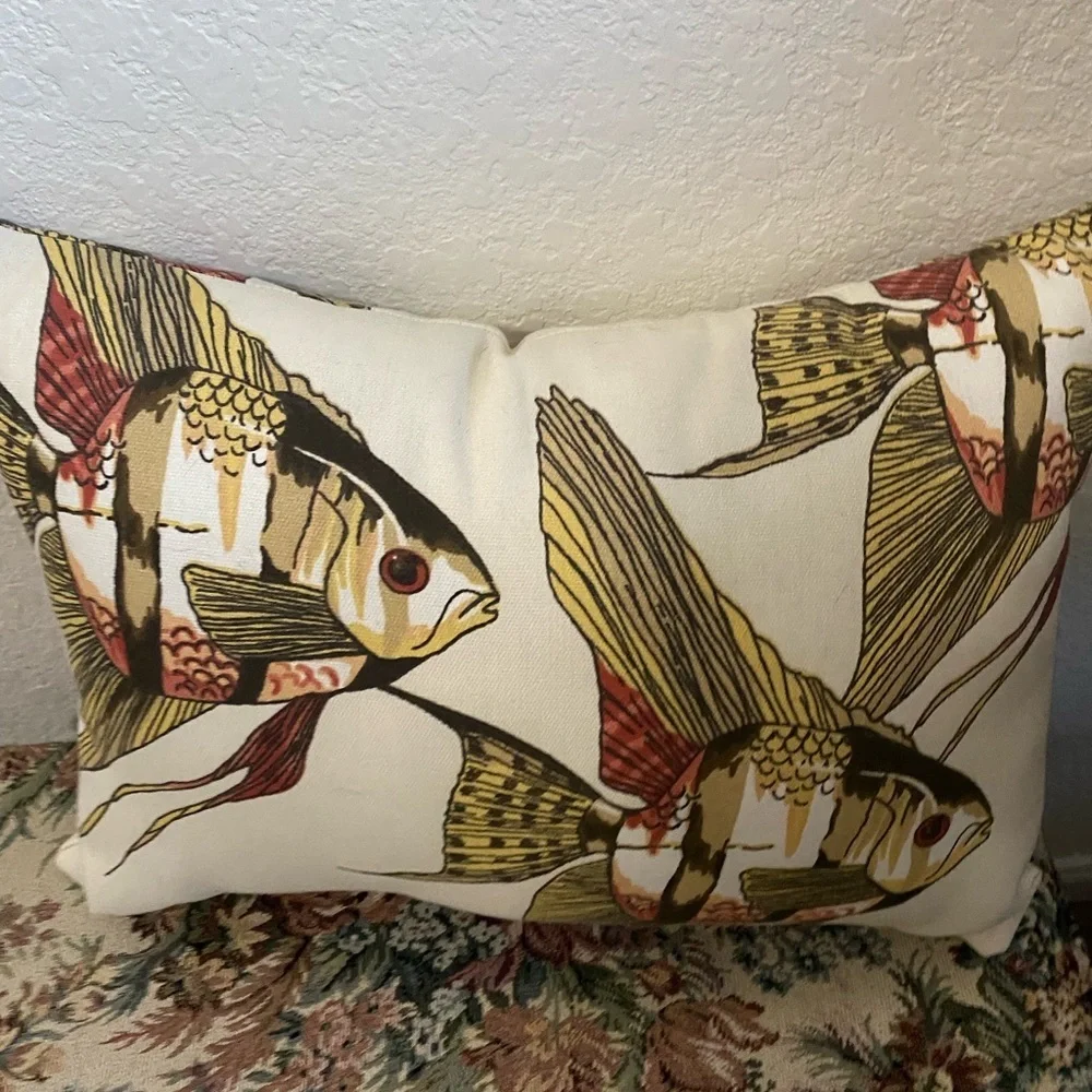 Pottery Barn Nautical Tropical Angel Fish Print Indoor Outdoor 15” Decor Pillow